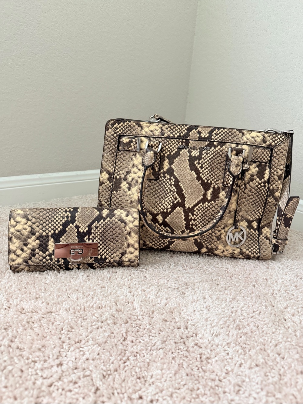 Michael Kors Tan and Brown Snake-Print Satchel with Matching Wallet